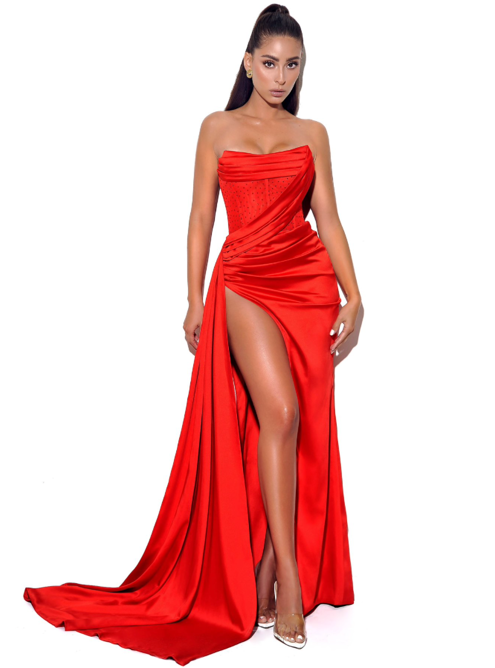 MEL Satin Corset Maxi Prom Dress With High Slit